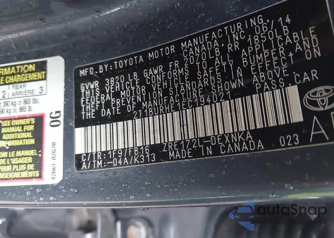 2014 Toyota Corolla Le z USA, uszkodzony, nr VIN 2T1BURHE1EC194021